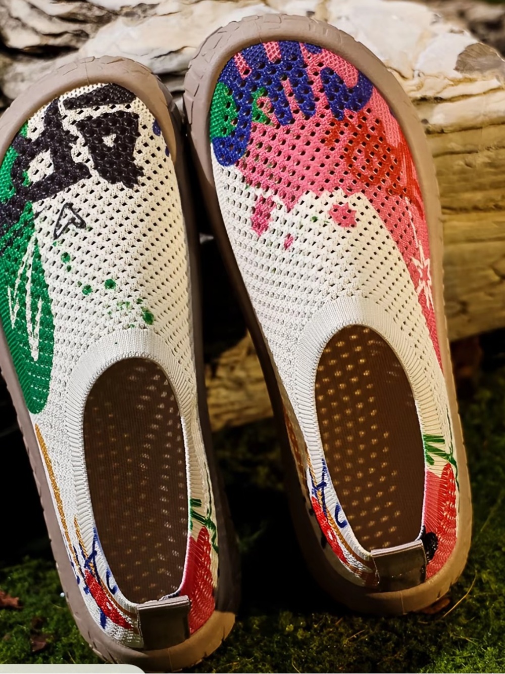 Women's Slip-On Knit Sneakers in Cream with Multicolor Floral Print - Picture 5 of 8